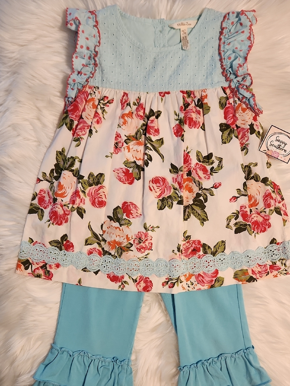 Floral Top & Ruffle Leggings Set - Aqua & Pink Roses - Brand: Matilda Jane - S:8